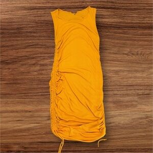 Fashion Nova Gold Ruched Sleeveless Midi Dress